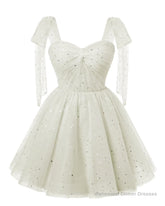 Sparkly Starry White Tulle Short Homecoming Dresses Spaghetti Bow Straps Prom Dress Sequin Cocktail Party Dress for Teens